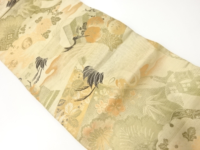 アンティーク　鶴に松菊模様織出し名古屋帯（材料）